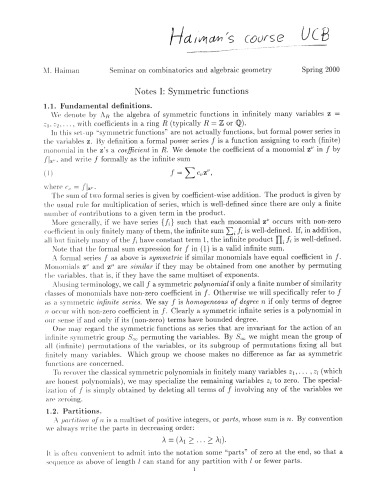 Seminar on combinatorics and algebraic geometry, Notes I: Symmetric Functions