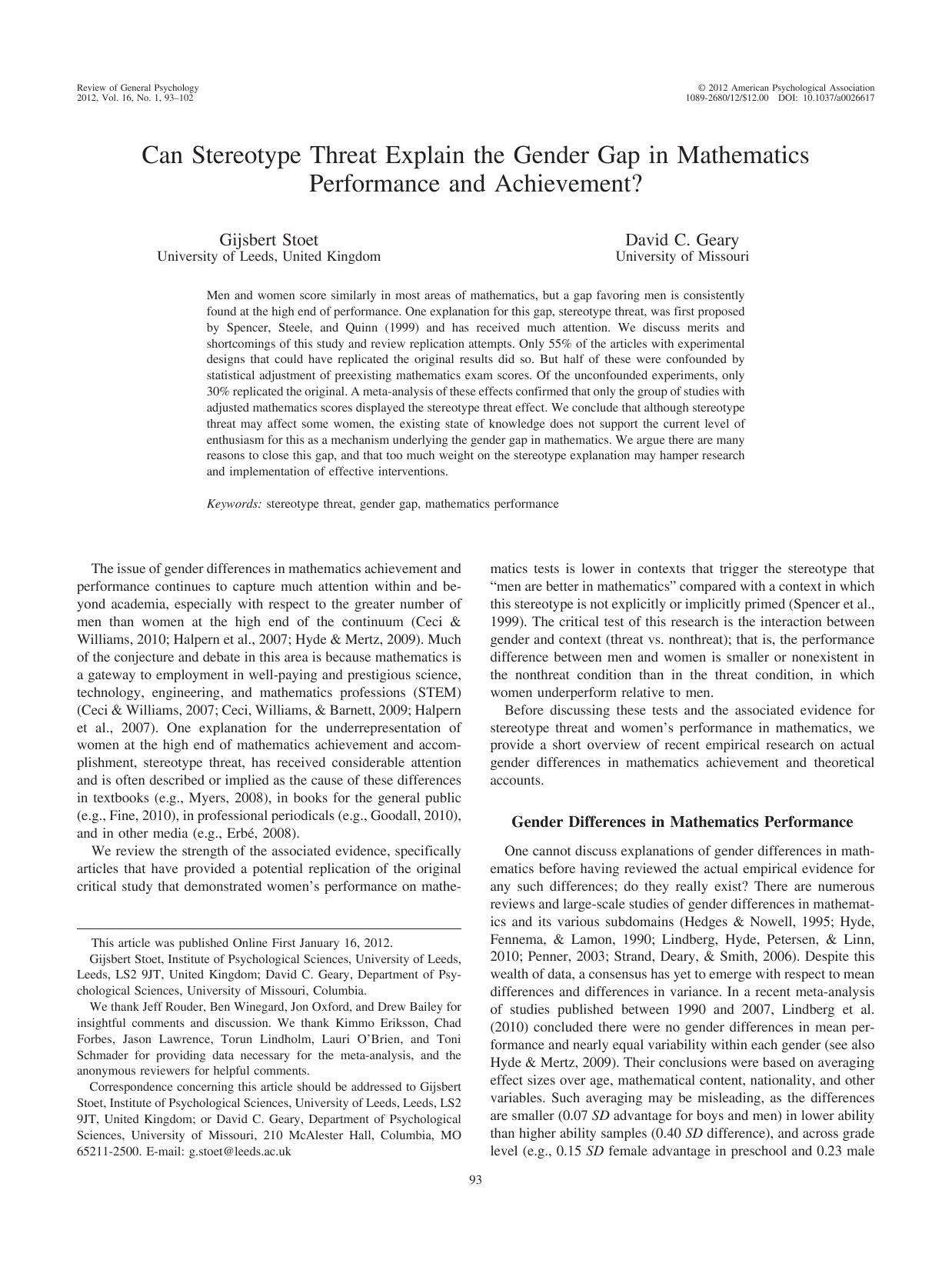Can stereotype threat explain the gender gap in mathematics performance and achievement?