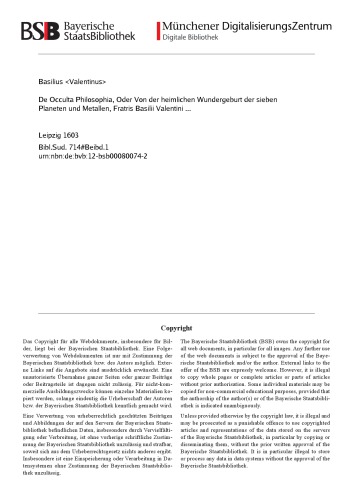 De occulta philosophia oder von der heimlichen Wundergeburt der Planeten und Metallen