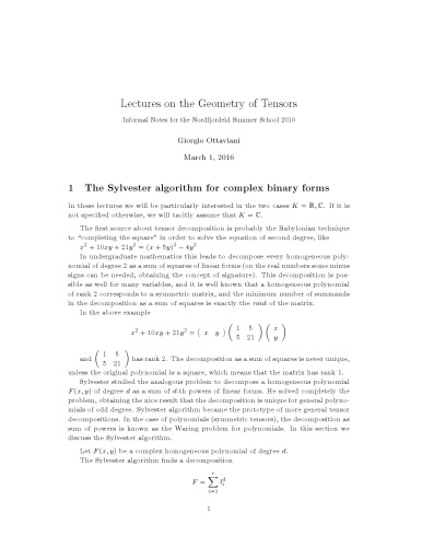 Lectures on the Geometry of Tensors: Informal Notes for the Nordfjordeid Summer School 2010