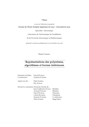 Représentations des polynômes, algorithmes et bornes inférieures
