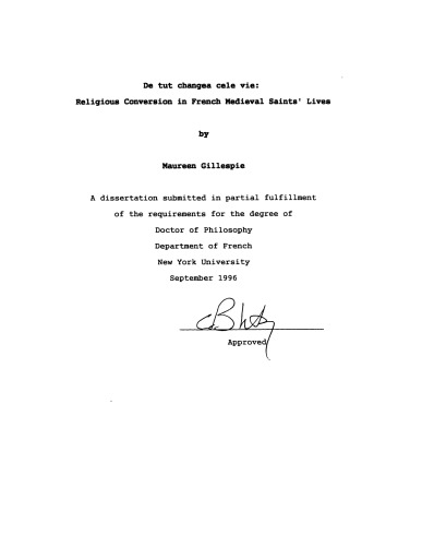 De tut changea cele vie : religious conversion in french medieval saint’s lives