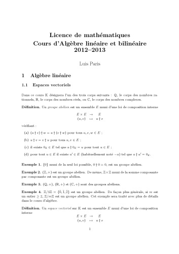Licence de mathématiques: Cours d’Algèbre linéaire et bilinéaire 2012--2013