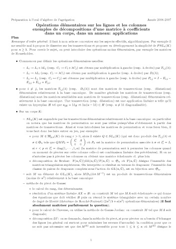 Opérations élémentaires sur les lignes et les colonnes d’une matrice: applications