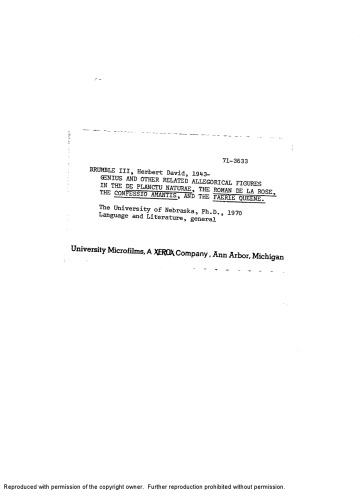 Genius and other related allegorical figures in the De Planctu Naturae, the Roman de la Rose, the Confessio Amantis, and the Faerie Queene