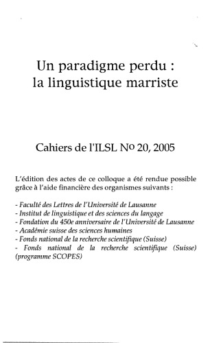 Cahiers de l’ ILSL n° 20 : Un paradigme perdu: la linguistique marriste