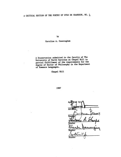 A critical edition of the poetry of Oton de Grandson, Ms. L