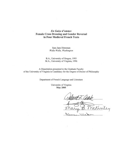 En guize d’omme : female cross dressing and gender reversal in four medieval French texts