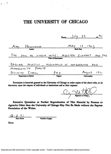 The soul as virgin wife : Meister Eckhart and the Beguine mystics, Mechthild of Magdeburg and Marguerite Porete