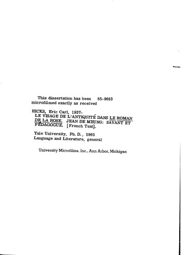 Le visage de l’antiquité dans Le Roman de la rose. Jean de Meun: savant et pédagogue.