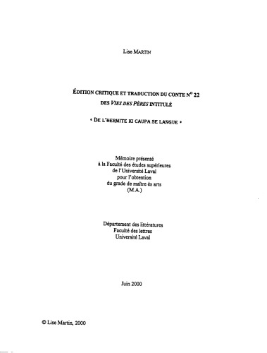Édition critique et traduction du conte no 22 des Vies des pères intitulé 