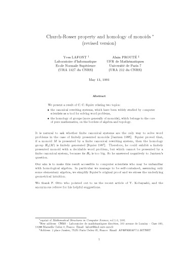 Church-Rosser property and Homology of Monoids (revised version)
