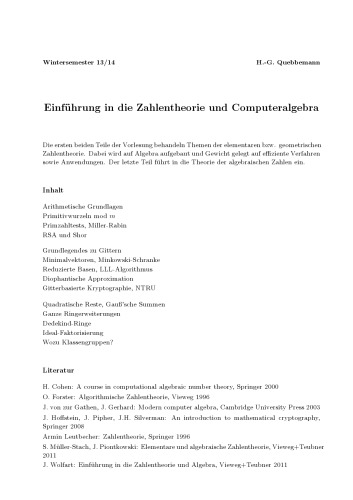 Einführung in die Zahlentheorie und Computeralgebra