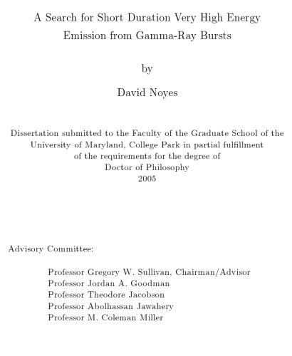 Search for Short Duration Very High Energy Emission from Gamma-Ray Bursts. Dissertation