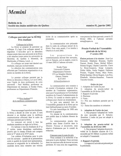 Memini : bulletin de la Société des études médiévales du Québec