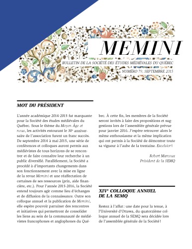 Memini : bulletin de la Société des études médiévales du Québec