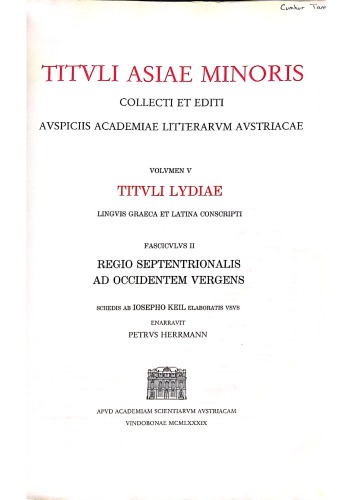 Titvli Asiae Minoris. Vol. 5: Titvli Lydiae
