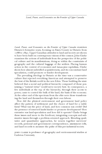 Land, Power, and Economics on the Frontier of Upper Canada