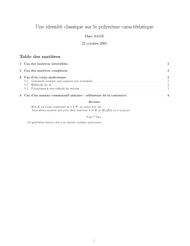 Une identité classique sur le polynôme caractéristique