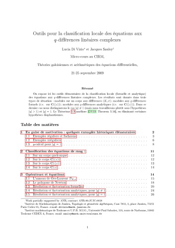 Outils pour la classiffcation locale des équations aux q-différences linéaires complexes
