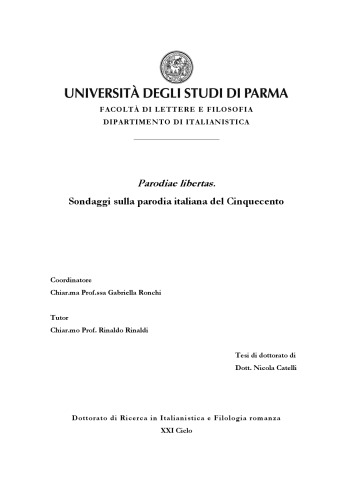 Parodiae libertas. Sondaggi sulla parodia italiana del Cinquecento