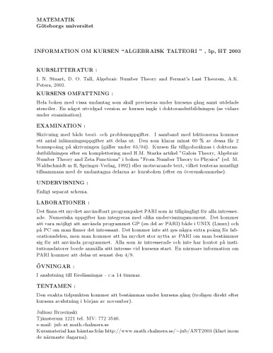 Kompletterande stenciler till: I. N. Stuart, D. O. Tall, Algebraic Number Theory and Fermat’s Last Theorem