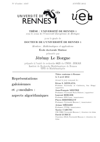 Représentations galoisiennes et phi-modules : aspects algorithmiques [PhD thesis]