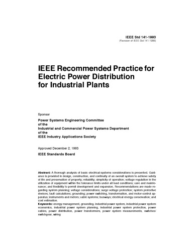 IEEE recommended practice for electric power distribution for industrial plants