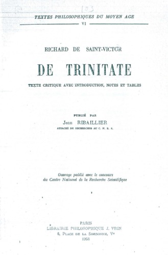 De Trinitate. Texte critique avec introduction, notes et tables, publié par Jean Ribailler