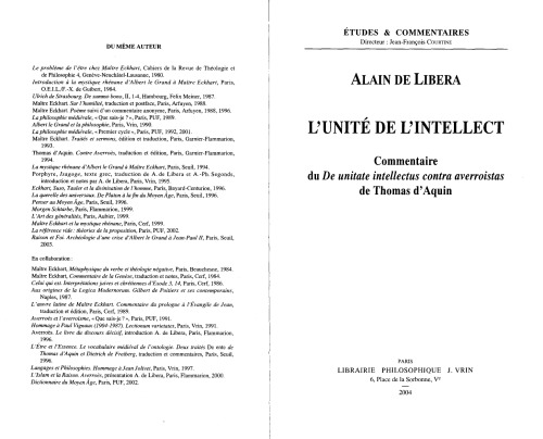 L’Unite de L’Intellect. Commentaire du De unitate intellectus contra averroistas de Thomas d’Aquin