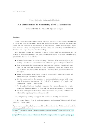 An Introduction to University Level Mathematics [Lecture notes]
