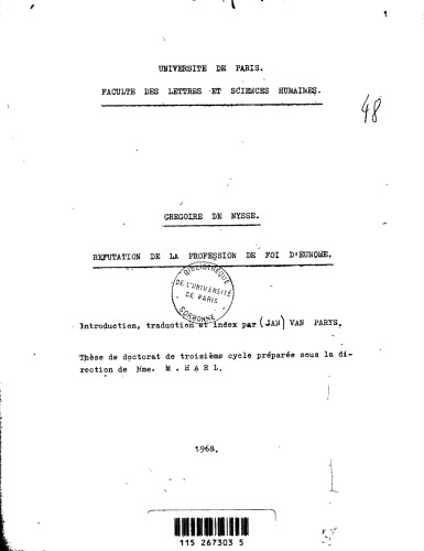Grégoire de Nysse, Réfutation de la profession de foi d’Eunome. Introduction, traduction et index par Jan van Parys