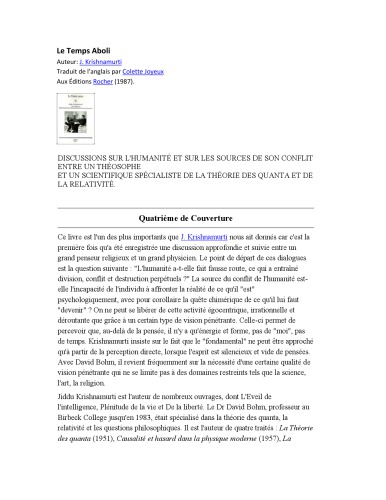 Le temps aboli : dialogues entre J. Krishnamurti et David Bohm