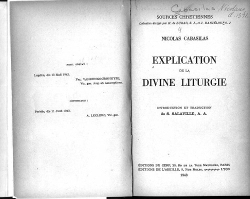 Nicolas Cabasilas : Explication de la divine liturgie