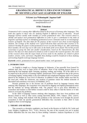 Grammatical Difficulties Encountered by Second Language Learners