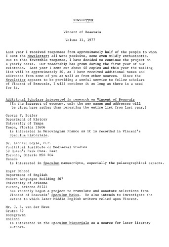 Vincent of Beauvais Newsletter