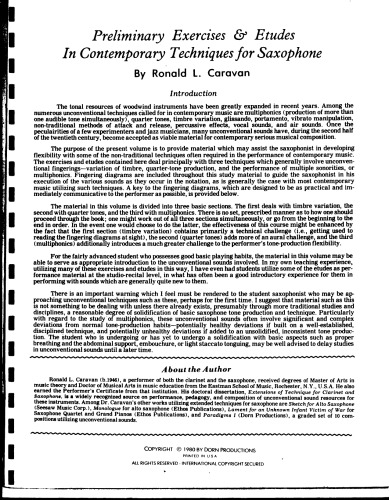 Preliminary exercises & etudes in contemporary techniques for saxophone : introductory material for the study of multiphonics, quarter tones & timbre variation
