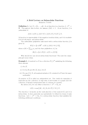 A Brief Lecture on Submodular Functions [expository notes]