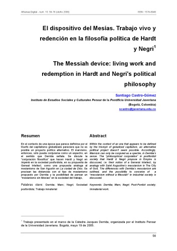 El dispositivo del Mesías. Trabajo vivo y redención en la filosofía política de Hardt & Negri (artículo)