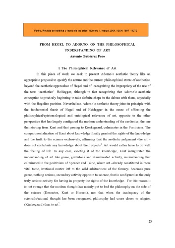 From Hegel to Adorno. on the Philosophical Understanding of Art