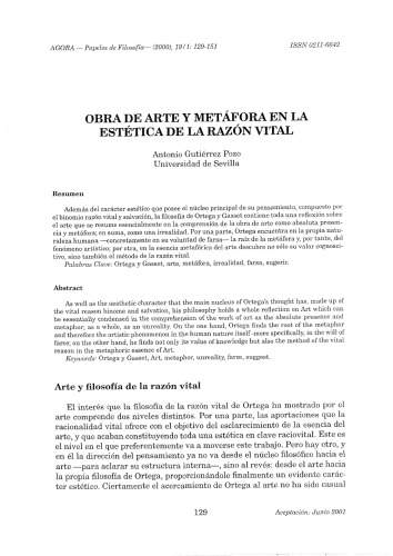 Obra de arte y metáfora en la estética de la razón vital de Ortega y Gasset