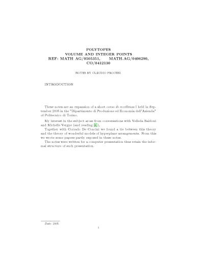 Polytopes: volume and integer points [Lecture notes]