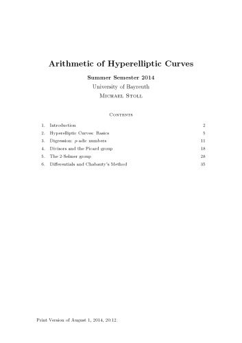 Arithmetic of Hyperelliptic Curves [Lecture notes]