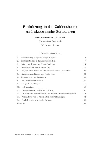 Einführung in die Zahlentheorie und algebraische Strukturen [Lecture notes]
