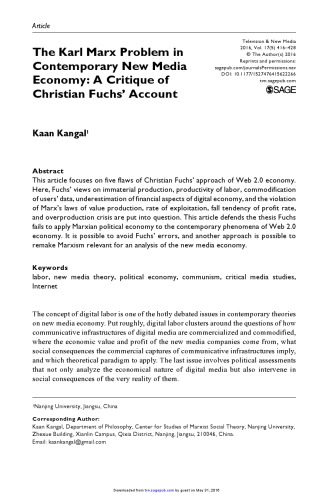 The Karl Marx Problem in Contemporary New Media Economy: A Critique of Christian Fuchs’ Account [article]