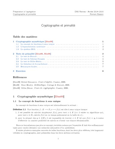 Cryptographie et primalité [Lecture notes]