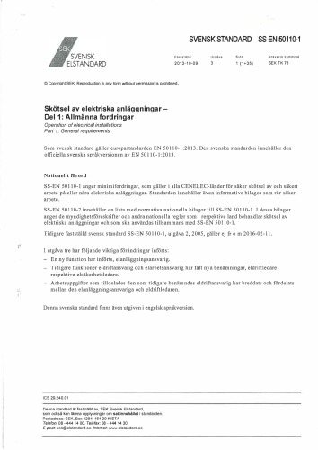 Skötsel av elektriska anläggningar SS-EN 50 110-1