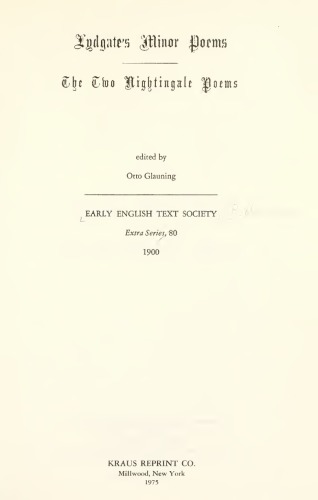 Lydgate’s Minor Poems. The Two Nightingale Poems. (A.D. 1446)