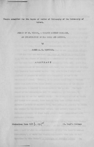 Andrew of St. Victor, a twelfth century hebraist : an investigation of his works and sources [thesis]