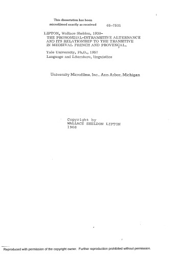 The pronominal-intransitive and its relationship to the transitive in medieval French and Provençal [thesis]